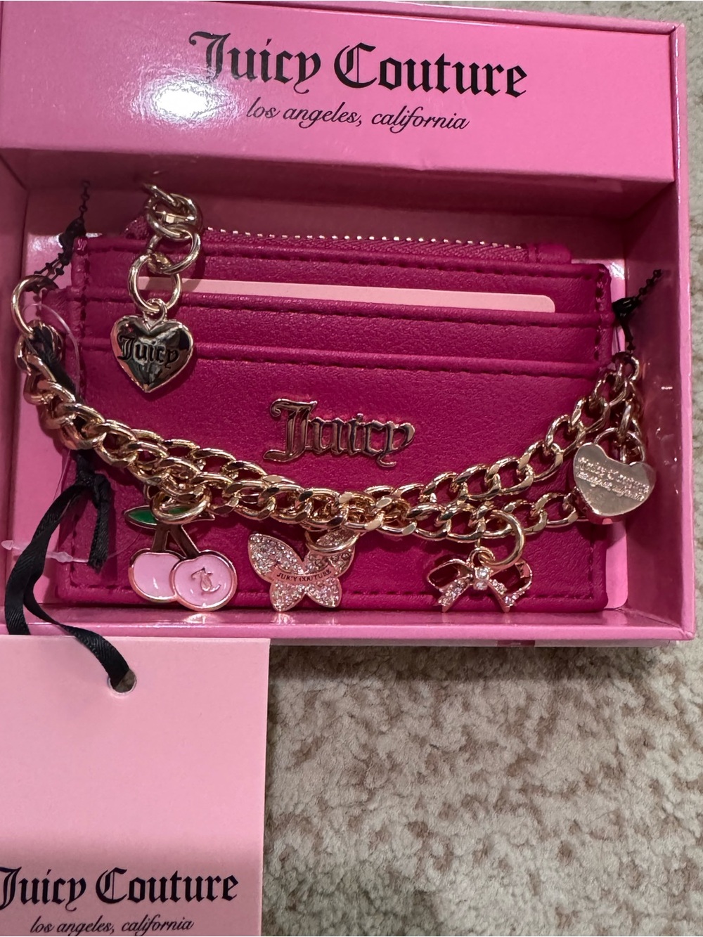 Juicy Couture Raspberry Tart Card Case Gold Tone Chain & Pink Charms New